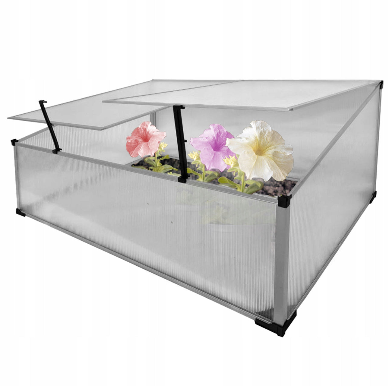 Åpent veksthus med rosa, lilla og hvite blomster inni