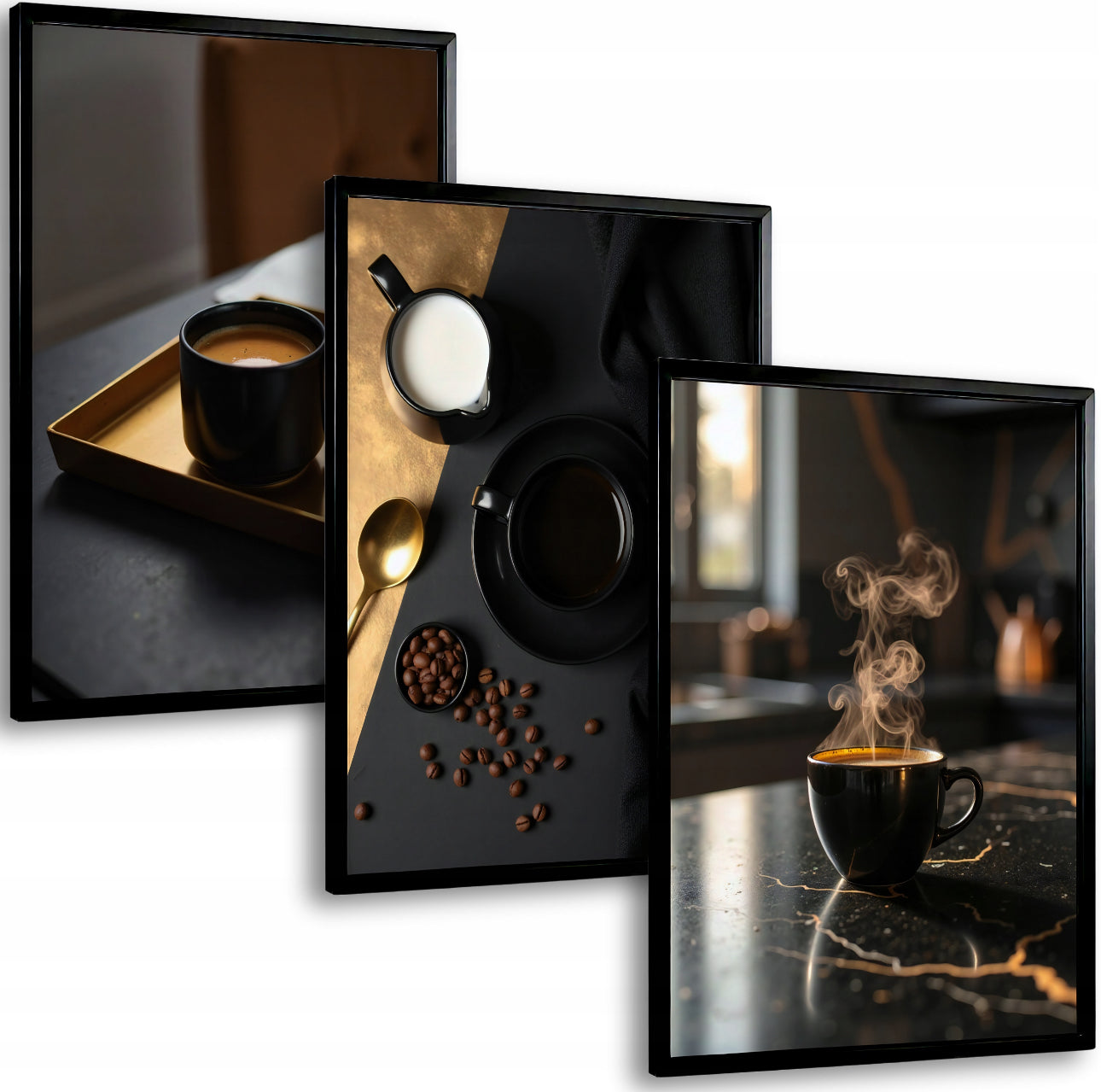 Tredelt kunstplakat med kaffemotiv i svart og gull ramme, moderne stil til stue eller kjøkken