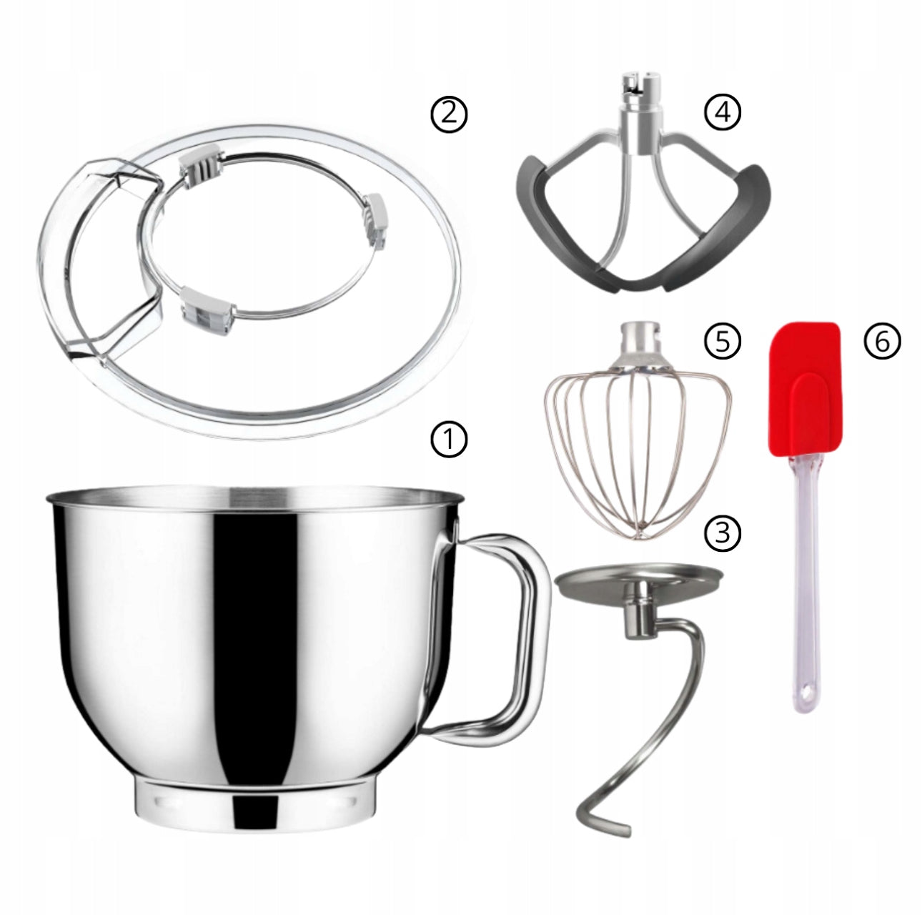 Alt tilbehør til kjøkkenmaskin vist separat, inkludert bolle, visp og slikkepott