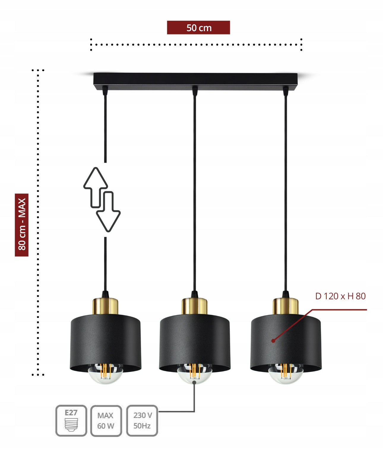 Moderne taklampe i svart og gull metall – 3 skjermer, justerbar høyde opptil 80 cm, E27 sokkel, total bredde 50 cm – perfekt til stue, kjøkkenøy eller spisebord