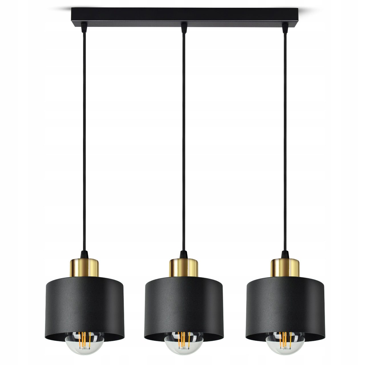 Moderne taklampe i svart og gull metall – 3 skjermer, justerbar høyde opptil 80 cm, E27 sokkel, total bredde 50 cm – perfekt til stue, kjøkkenøy eller spisebord