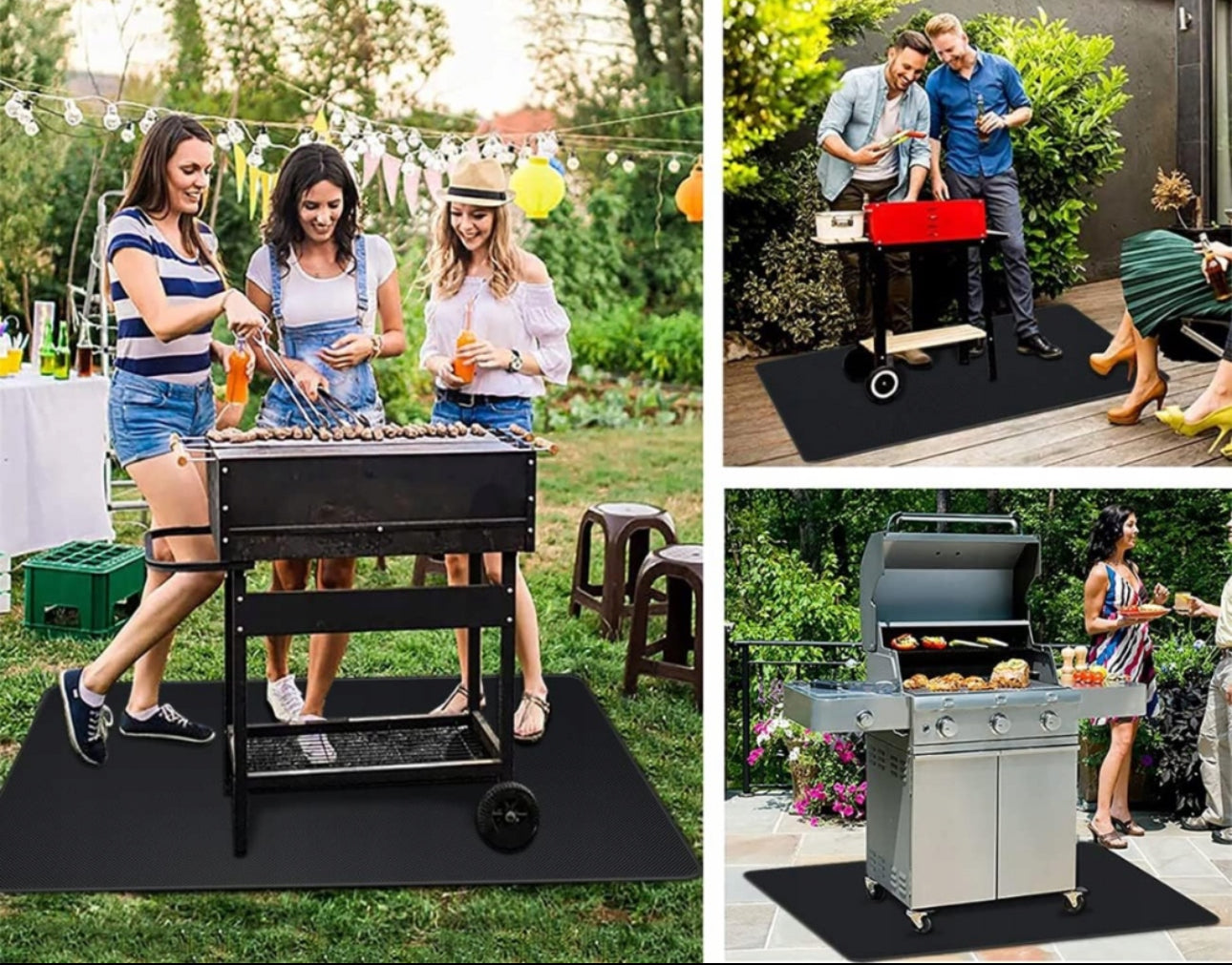 Folk som griller på terrasse og plen med sort varmebestandig grillmatte under grill