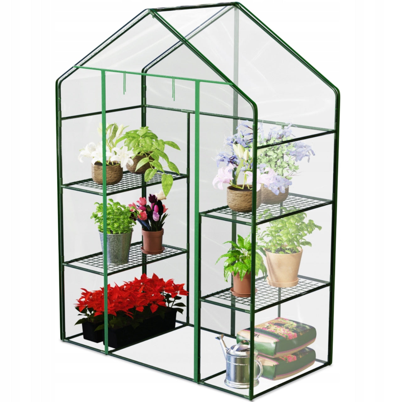 Transparent minidrivhus med grønne stålrammer og flere fargerike planter på hyllene