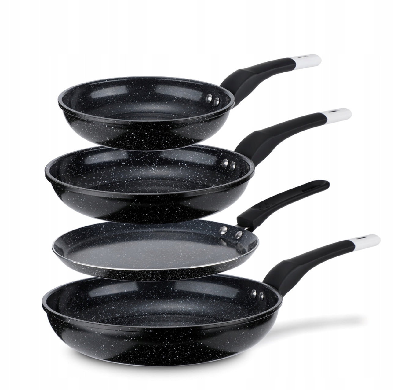 Fire stablede svarte marmormønstrede stekepanner med non-stick belegg og komfortable håndtak