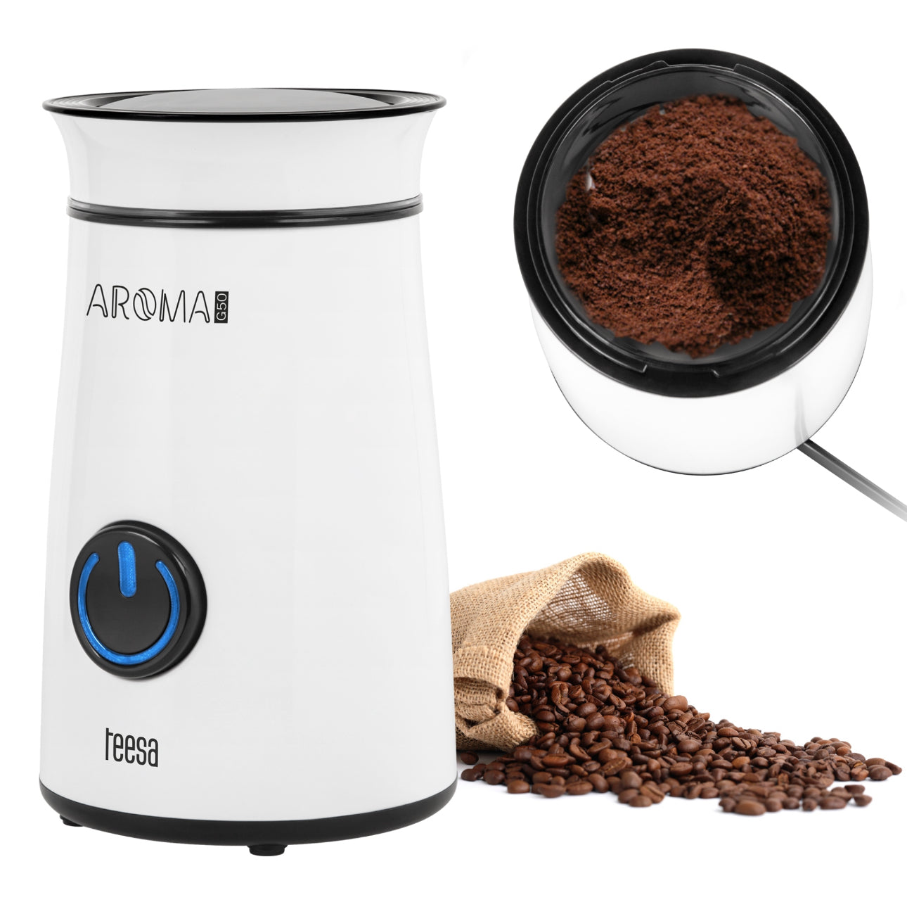 Hvit elektrisk kaffekvern med blå knapp og løse kaffebønner foran