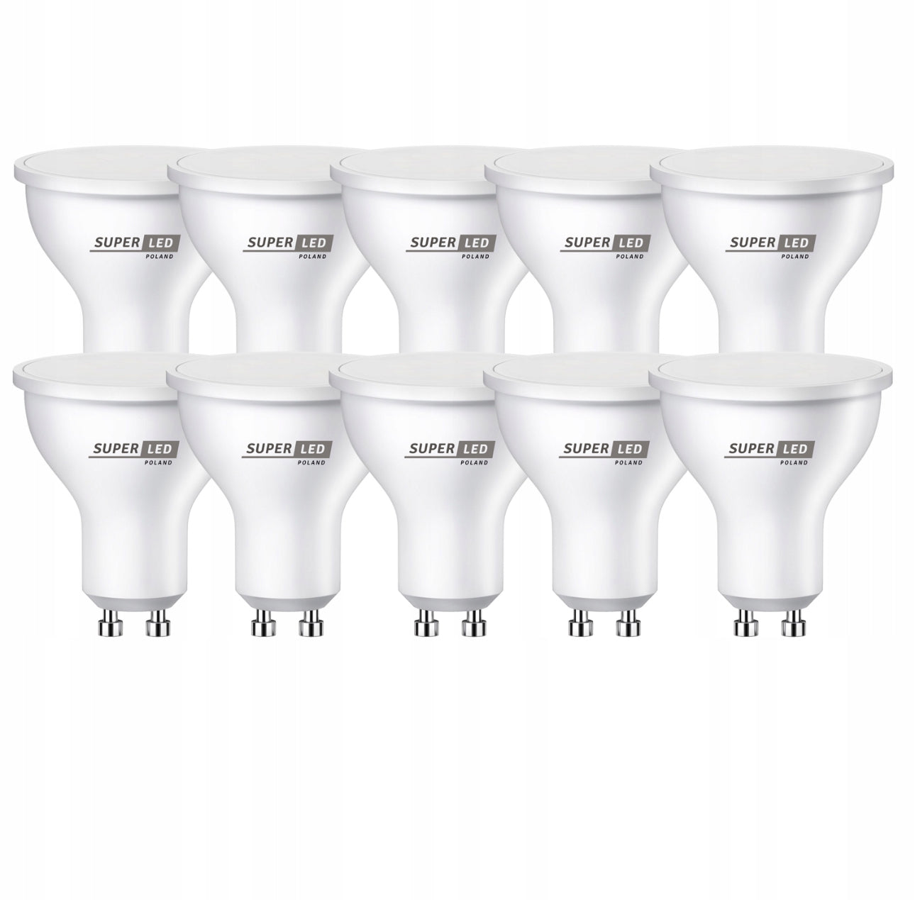 Ti hvite GU10 LED-pærer i rad, moderne og energieffektiv stil