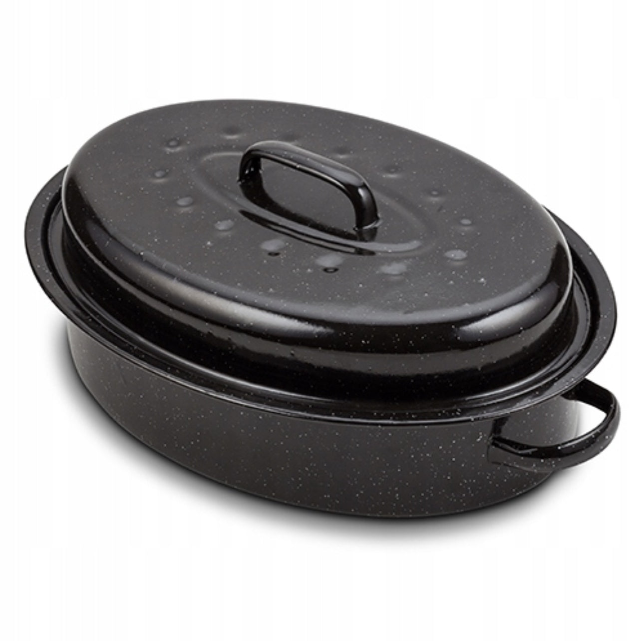 Emaljert gryte sett ovenfra med lokk og ovalt design