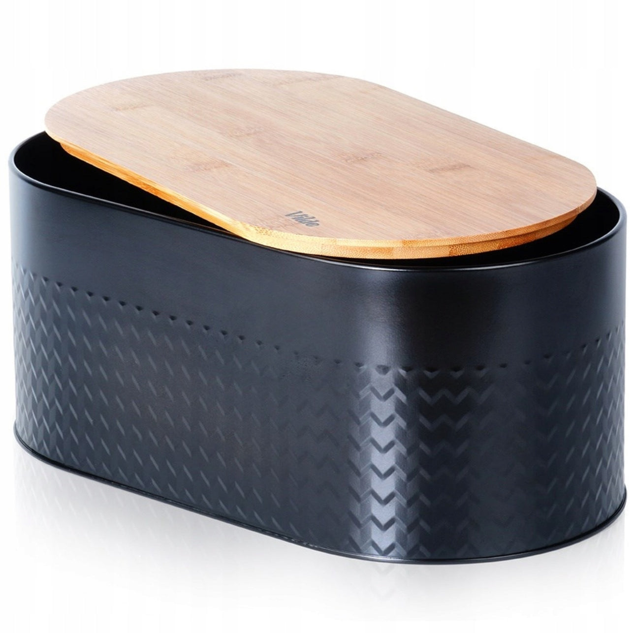 Sort metallisk brødboks med bambuslokk i minimalistisk design på hvit bakgrunn