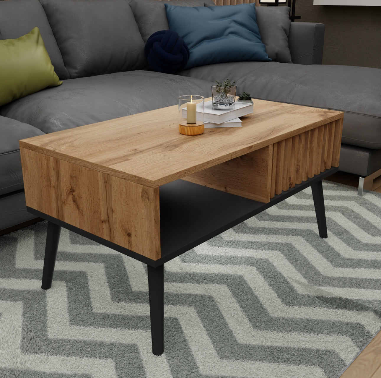 Skandinavisk sofabord i eikefiner og sort, 90x50x43 cm – moderne design med oppbevaringshylle og lamelldetaljer