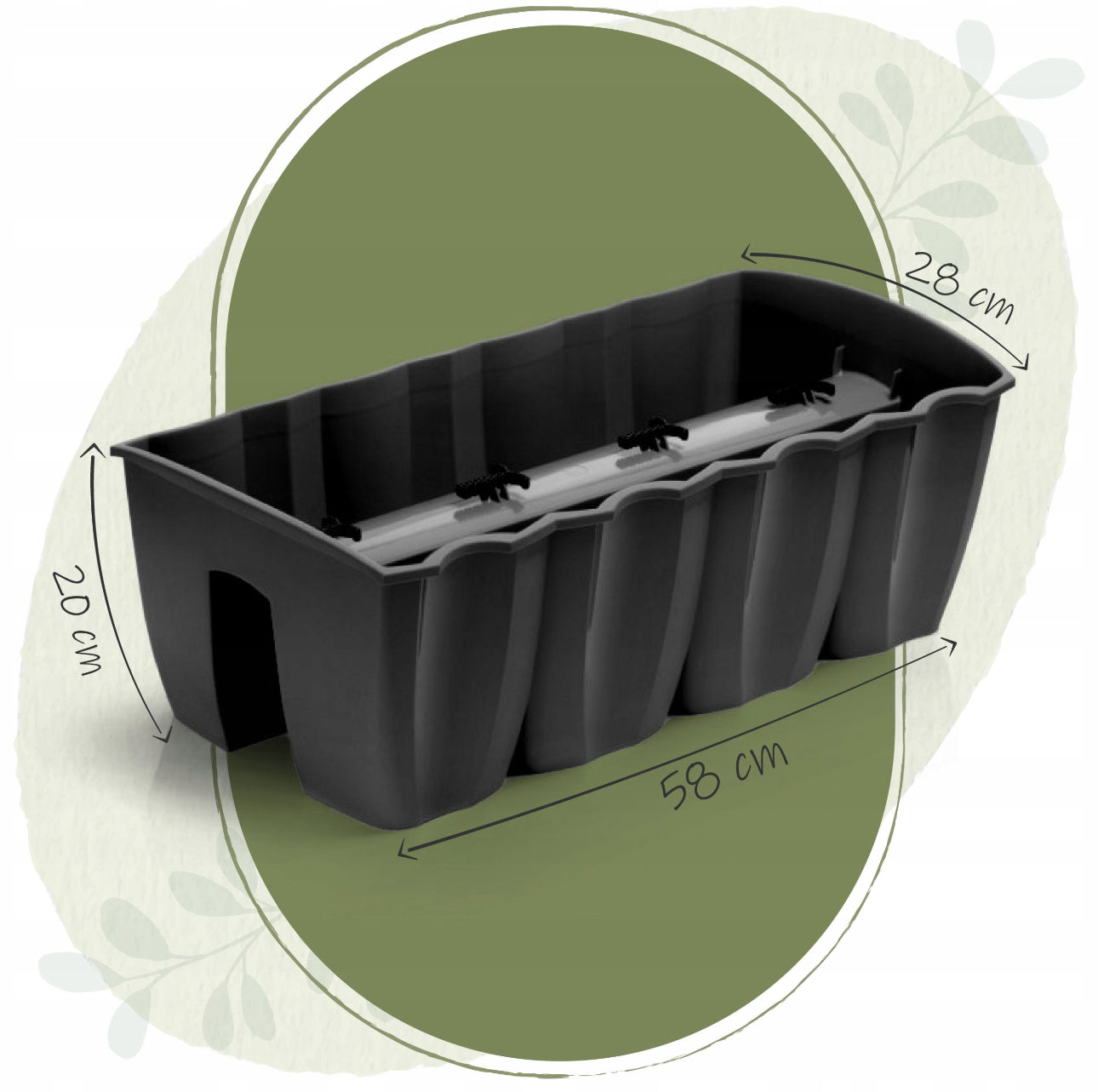 Balkongkasse med feste 58x28x20 cm i antrasitt plast, inkludert 5L drenerings kuler – slitesterk og værbestandig blomsterkasse for rekkverk.