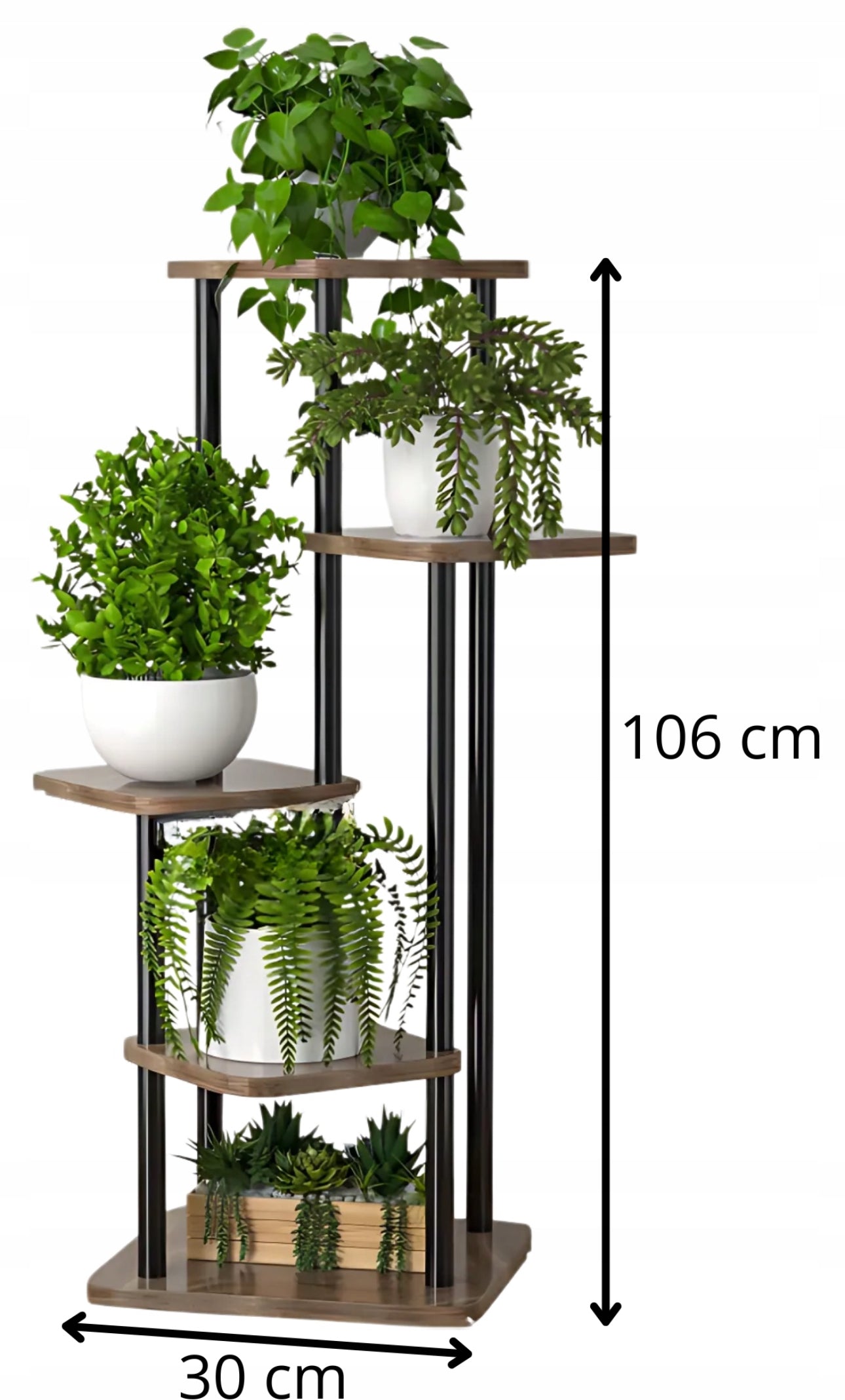 Vertikalt plantestativ i metall og tre med grønne planter, høyde 106 cm