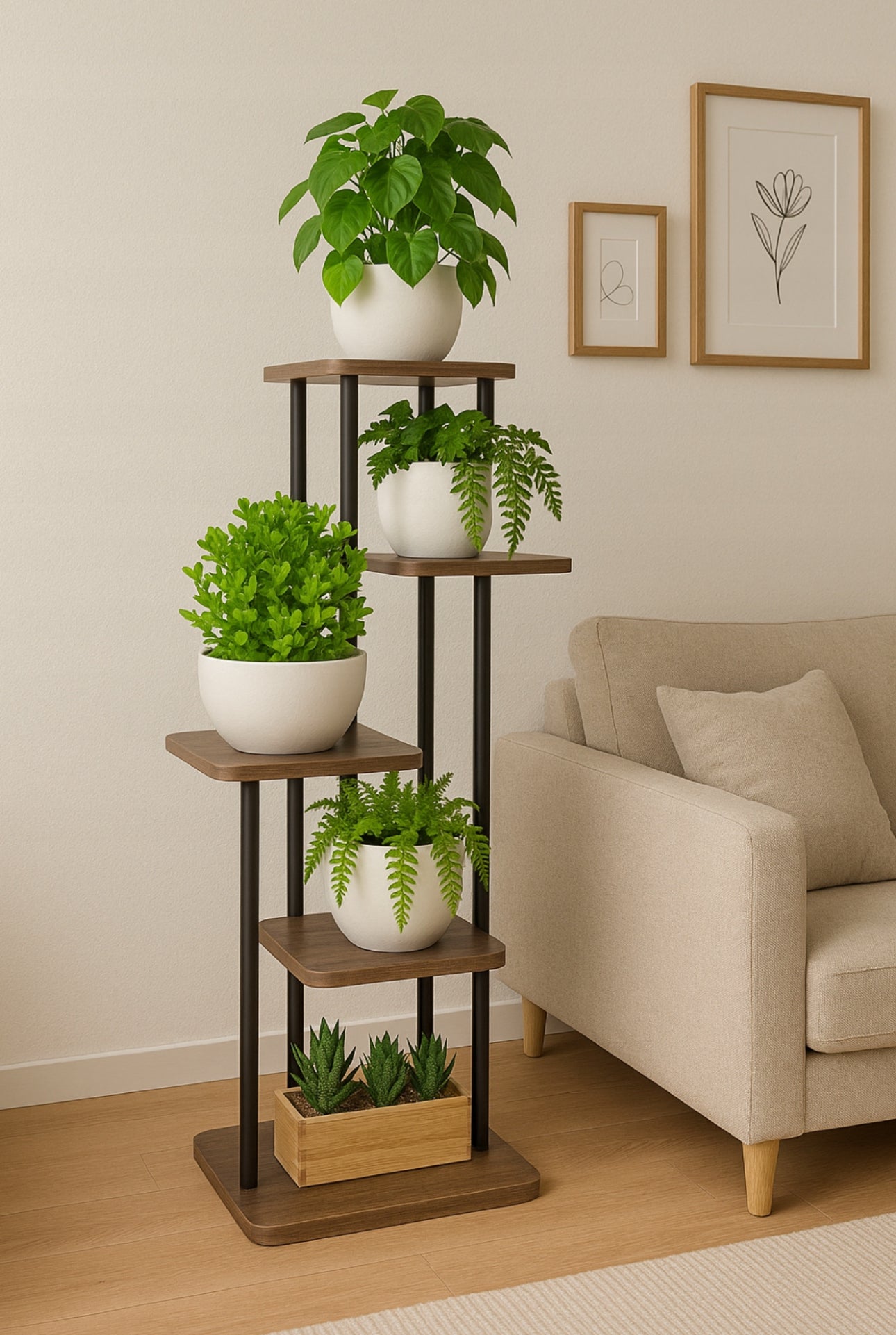Elegant stående blomsterstativ med potteplanter ved vindu i lys stue