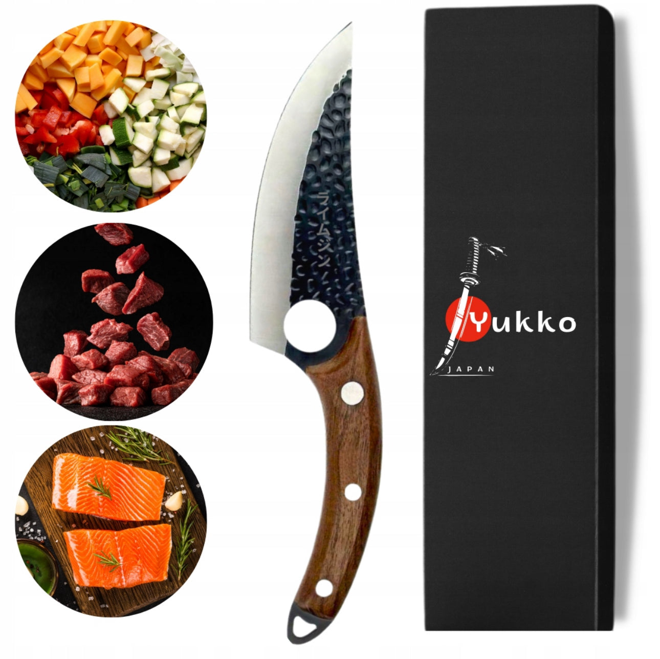 Japansk kokkekniv med hamret stålblad og trehåndtak ved siden av grønnsaker, rått kjøtt og laksefilet