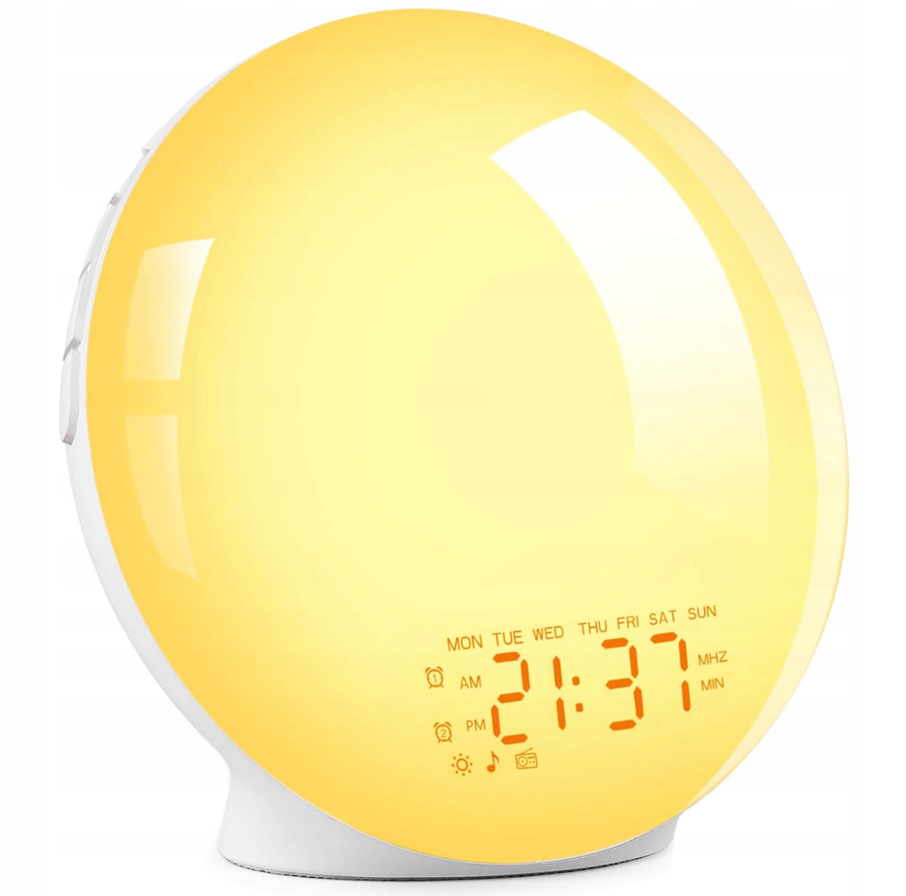 LED vekkerklokke med soloppgangssimulator, diameter 18 cm, hvit base og gul/oransje lysgradient. Laget av slitesterk ABS-plast, med justerbar lysstyrke og 14 farger. Perfekt for naturlig oppvåkning og avslappet søvn.