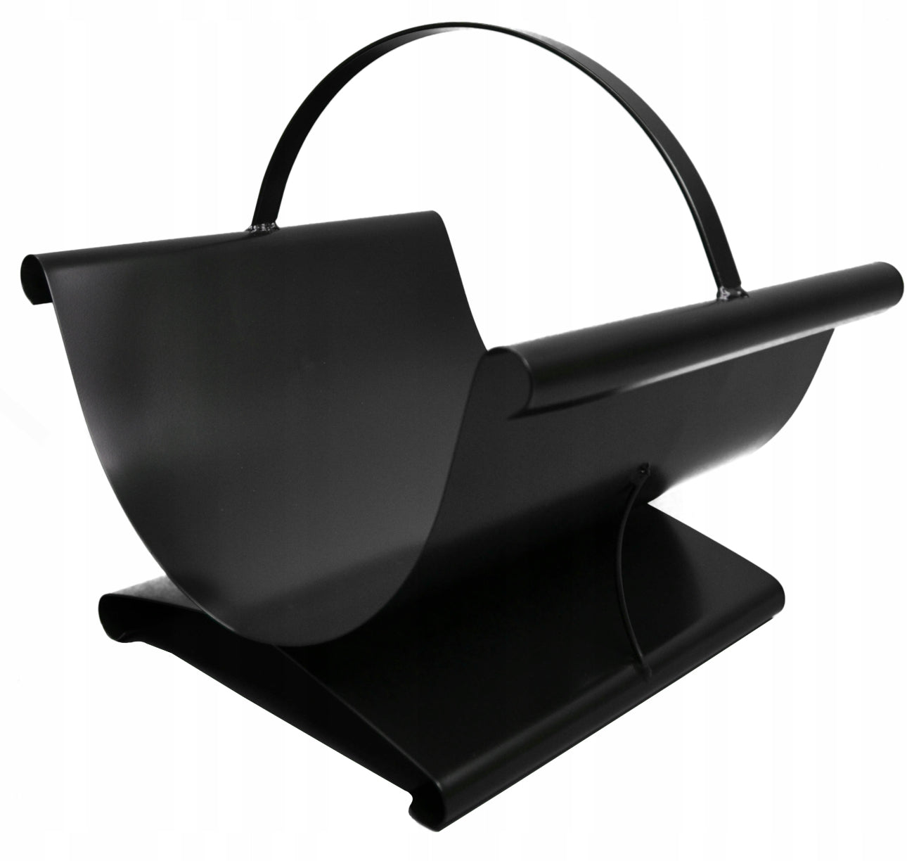 Svart metall vedkurv med buet håndtak i minimalistisk design