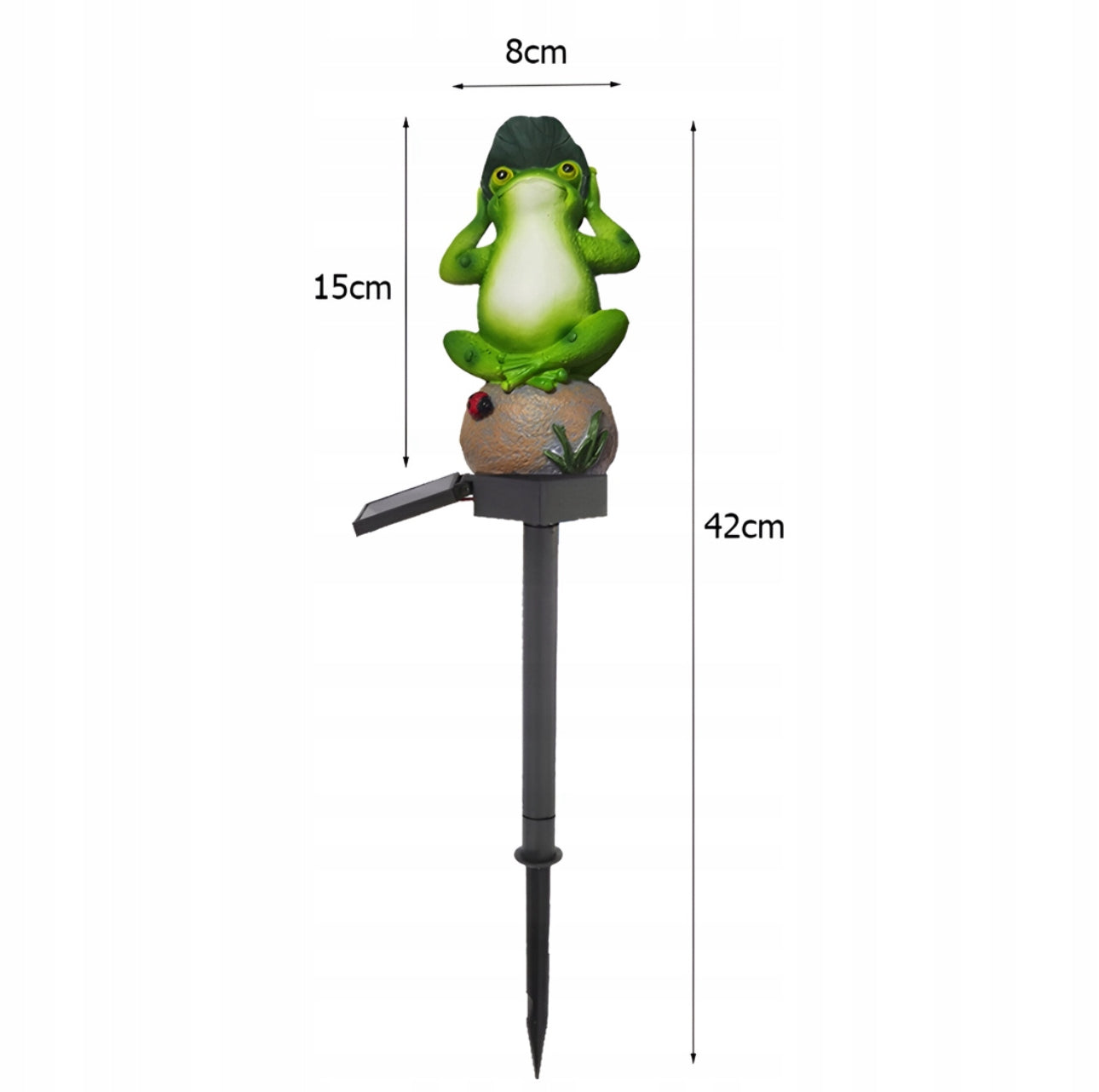 Froskformet solcellelampe på spyd med mål 42 x 15 x 8 cm