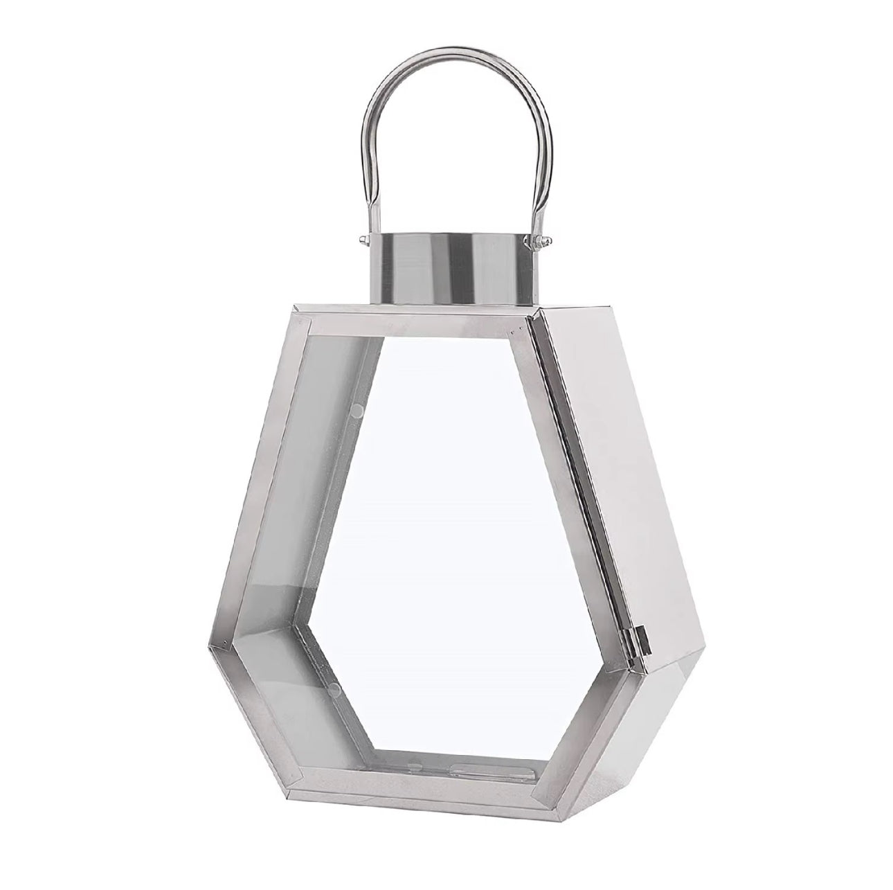 Elegant sølvlykt i rustfritt stål og glass med bærehåndtak