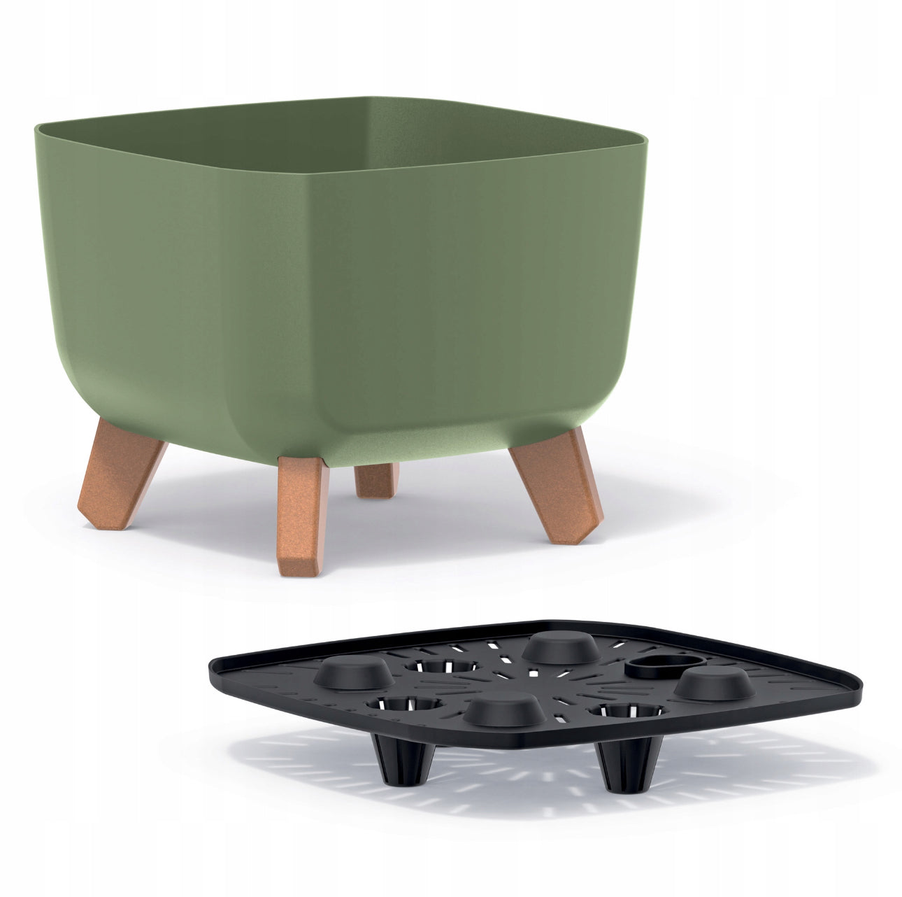 Grønn blomsterpotte på ben i treimitasjon, 24x24x18,7 cm, laget av slitesterk plast med innebygd dreneringssystem – ideell til både innendørs og utendørs bruk.