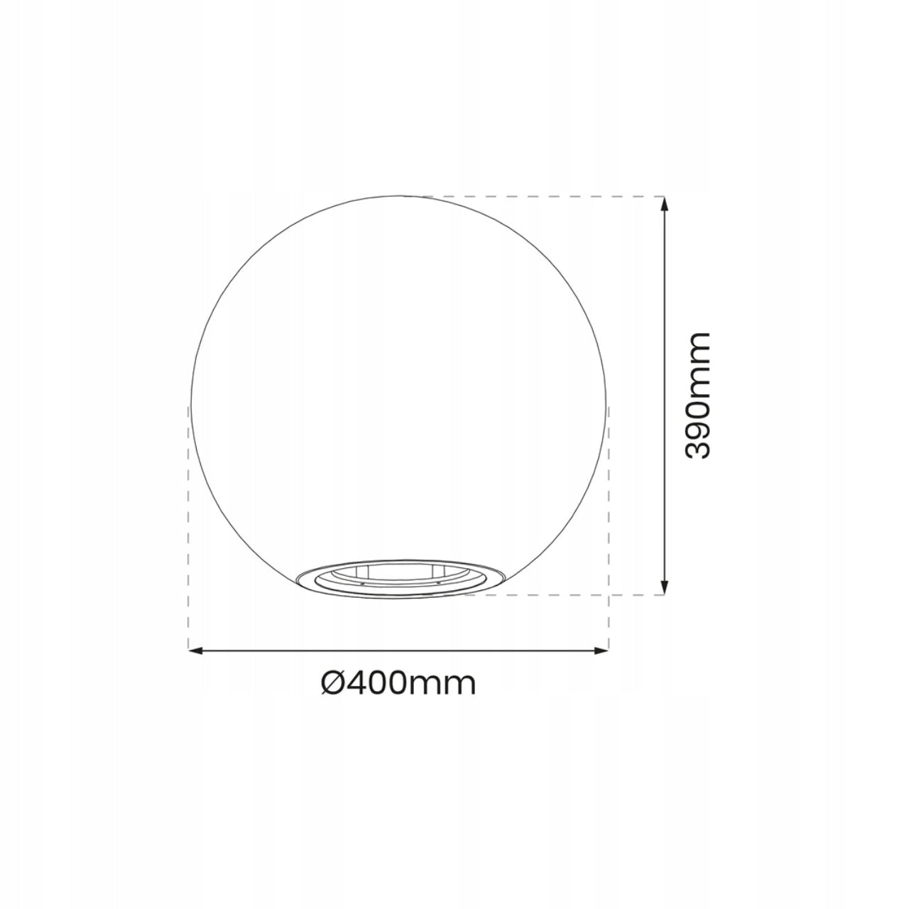 Teknisk tegning av hvit rund hagelampe med diameter 40 cm og høyde 39 cm