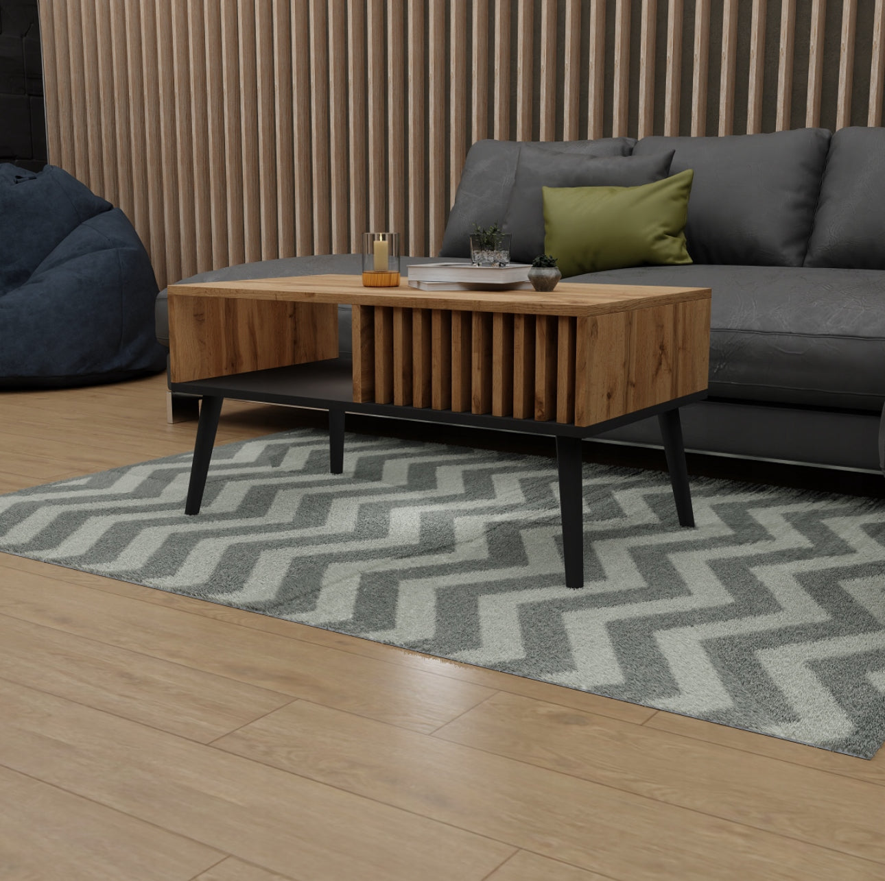 Skandinavisk sofabord i eikefiner og sort, 90x50x43 cm – moderne design med oppbevaringshylle og lamelldetaljer