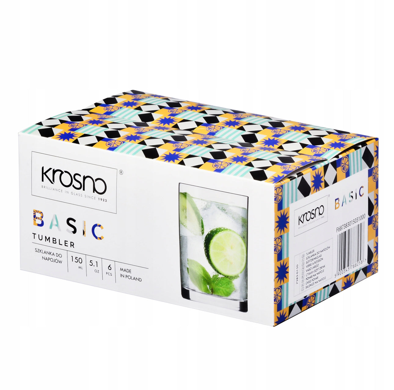 Fargerik emballasjeeske med Krosno Basic 150 ml drikkeglass sett