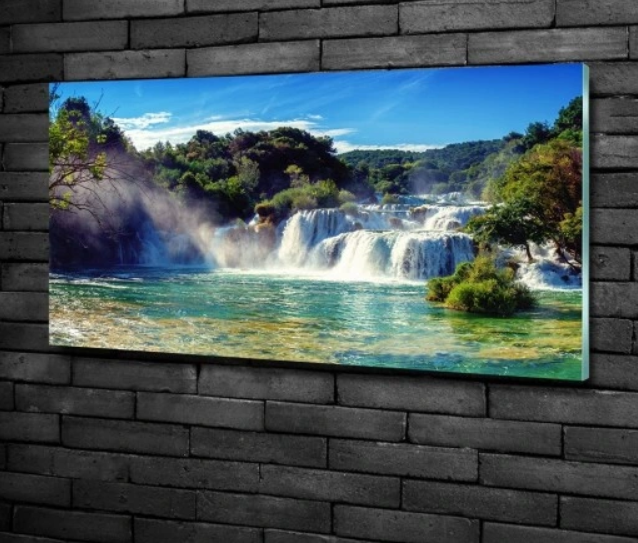FANTASTISK FOSSEFALL: NYDELIG BILDE I HERDET GLASS - 100X50CM