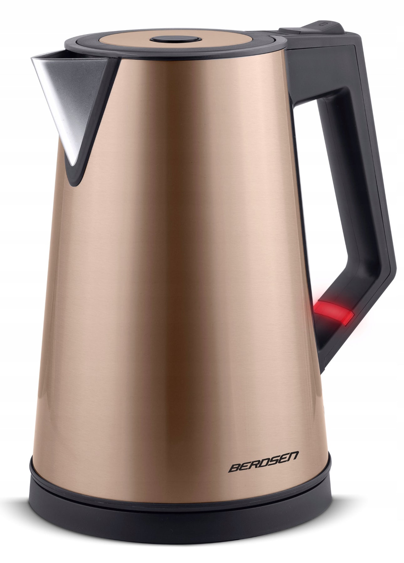 Elegant elektrisk vannkoker 1,7L i kobberfarge med rustfritt stål, BPA-fritt materiale og moderne design, 2200W for rask koking.