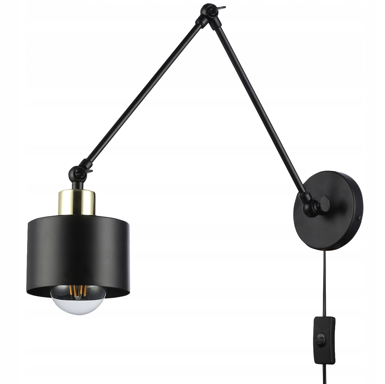 Svart vegglampe med justerbar arm og messingdetalj
