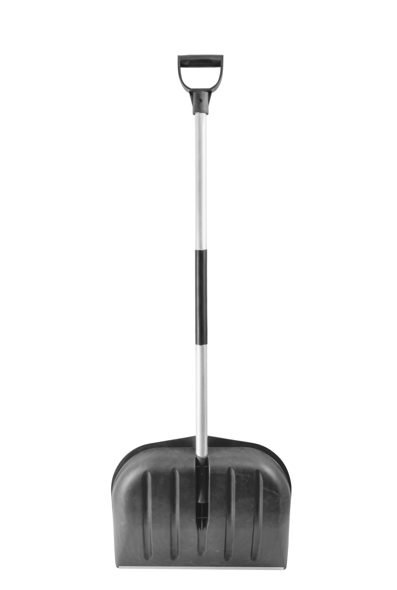 Snøskuffe 135 cm, svart med aluminiumskaft og bredde på 45 cm, laget av slitesterk polypropylen med forsterket metallkant for effektiv snørydding.