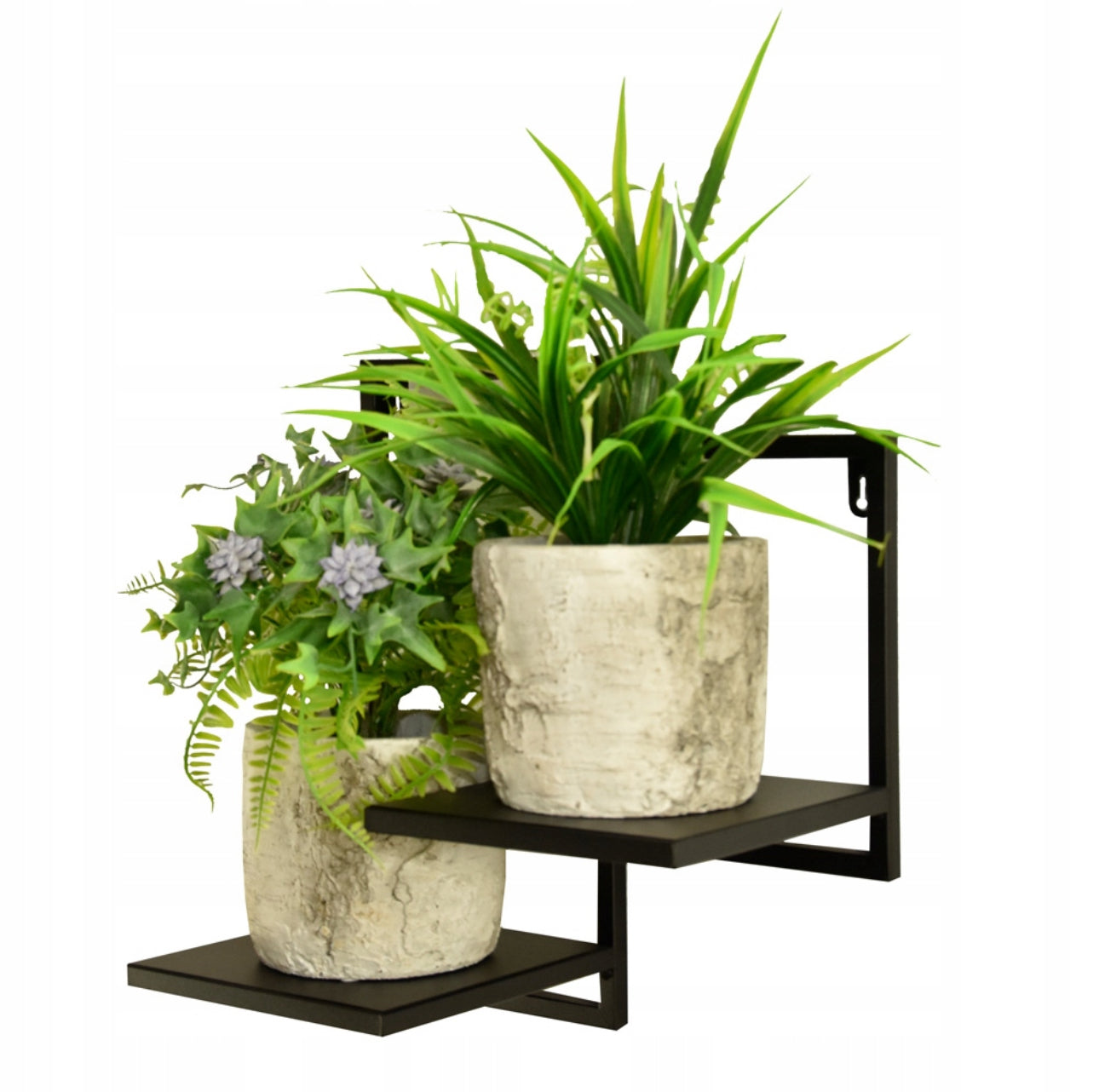 Vegghengt blomsterhylle i sort pulverlakkert metall, størrelse 36x35 cm med to hyller à 18x18 cm – perfekt til innendørs planter i moderne og industriell loftstil.