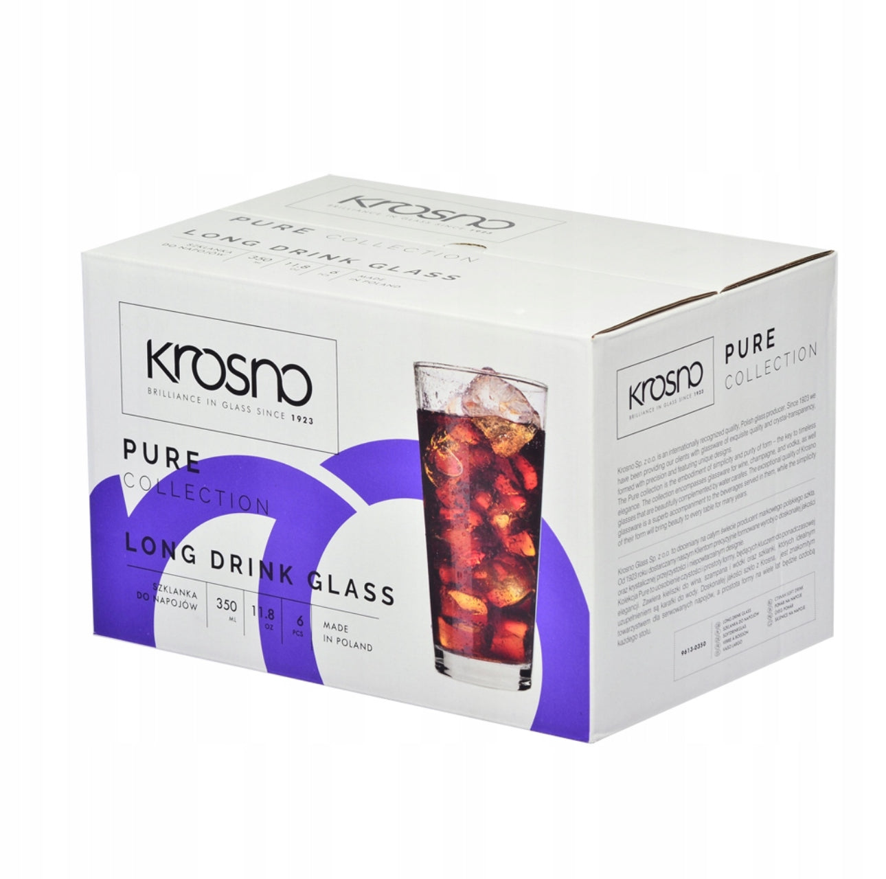 Eske med seks Krosno Pure longdrinkglass 350 ml i hvit og lilla emballasje