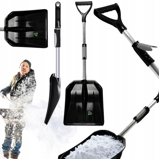 Justerbar teleskopisk snøskuffe, 78-96 cm lengde, robust aluminiumsskaft, slitesterk plastblad i sort farge, ideell for snø, sand og løv – kompakt og lett for bil eller hage.