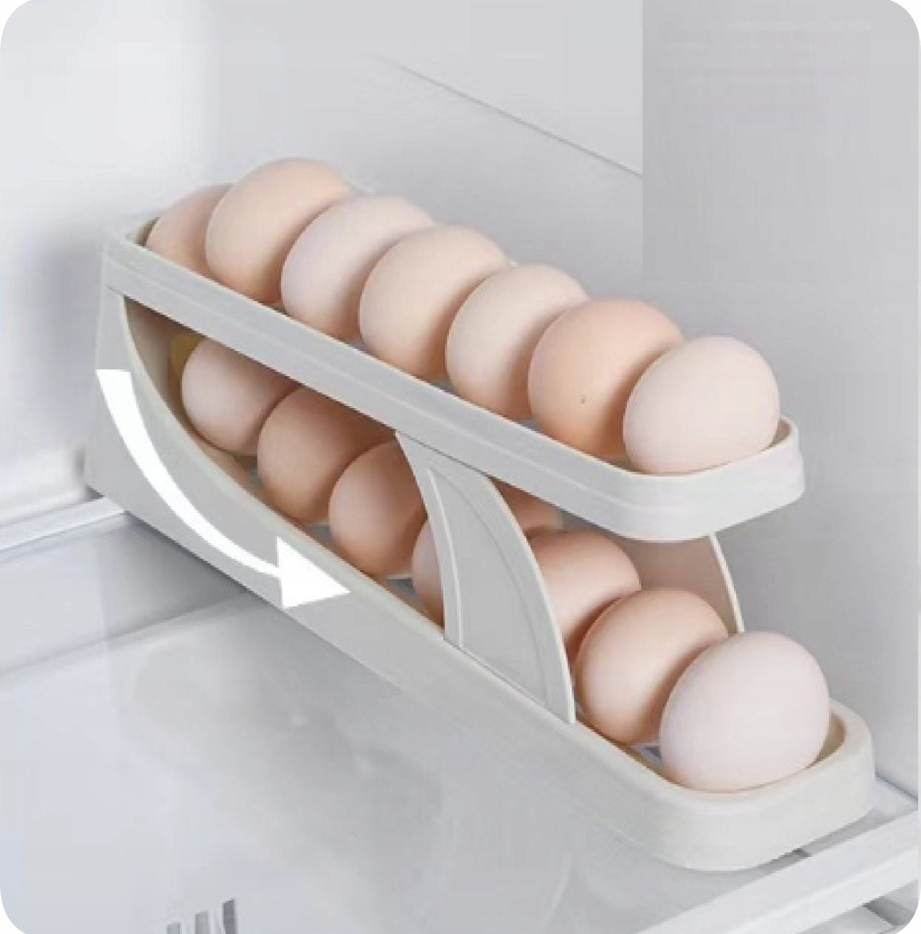 Sidevisning av hvitt eggstativ med rullende funksjon i kjøleskap