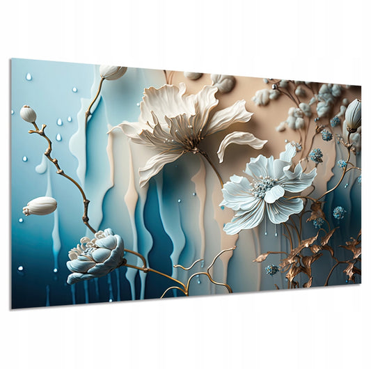 Moderne lerretsbilde med hvite blomster i blå og beige toner