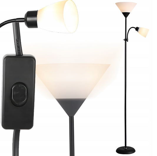 Gulvlampe 165 cm i høyde med sort metallstang og hvite plastskjermer – moderne 2-i-1 lampe med E27 og E14 sokkel, perfekt til stue eller kontor.