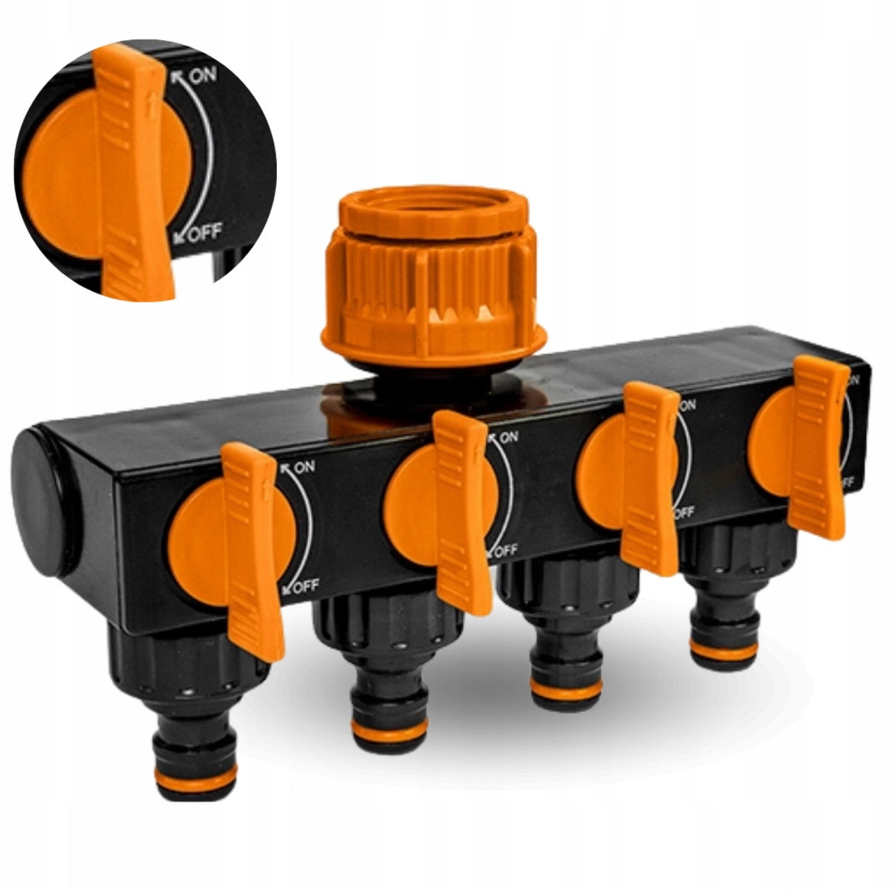 4-veis vannfordeler for hagekran, sort og oransje, slitesterk plast og ABS-materiale, passer 1” og 3/4” tilkobling