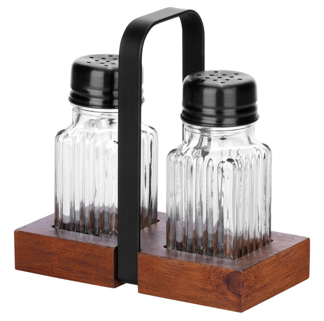 Tømt Salt- og Pepperbøssesett i Rillet Glass Med Sort Metallholder og Mørk Trebase, Studiofoto