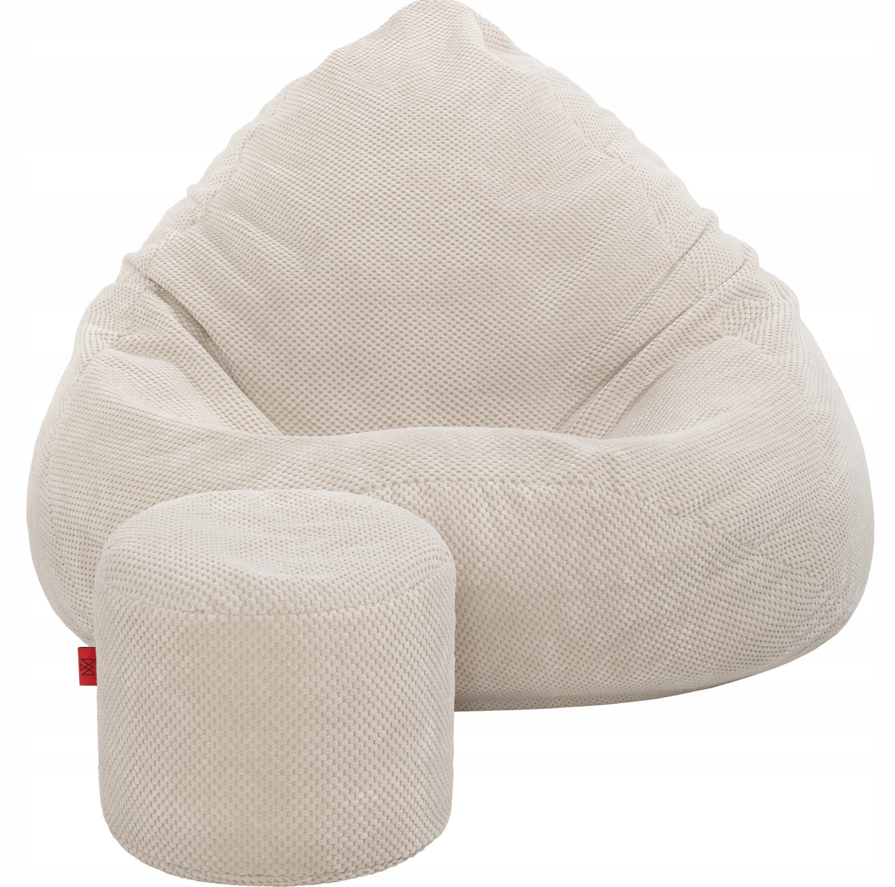 Stor beige saccosekk i myk, vannavstøtende tekstil med rund puff, ideell for moderne interiør