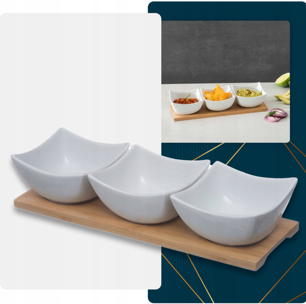 Serveringssett med tre hvite porselensskåler (9,7 x 9,7 x 5 cm) og en bambusbrett (30 x 10 cm) i elegant design. Perfekt for snacks, dips og sauser. Slitesterkt materiale og miljøvennlig. Hvitt og naturlig bambusfarget.