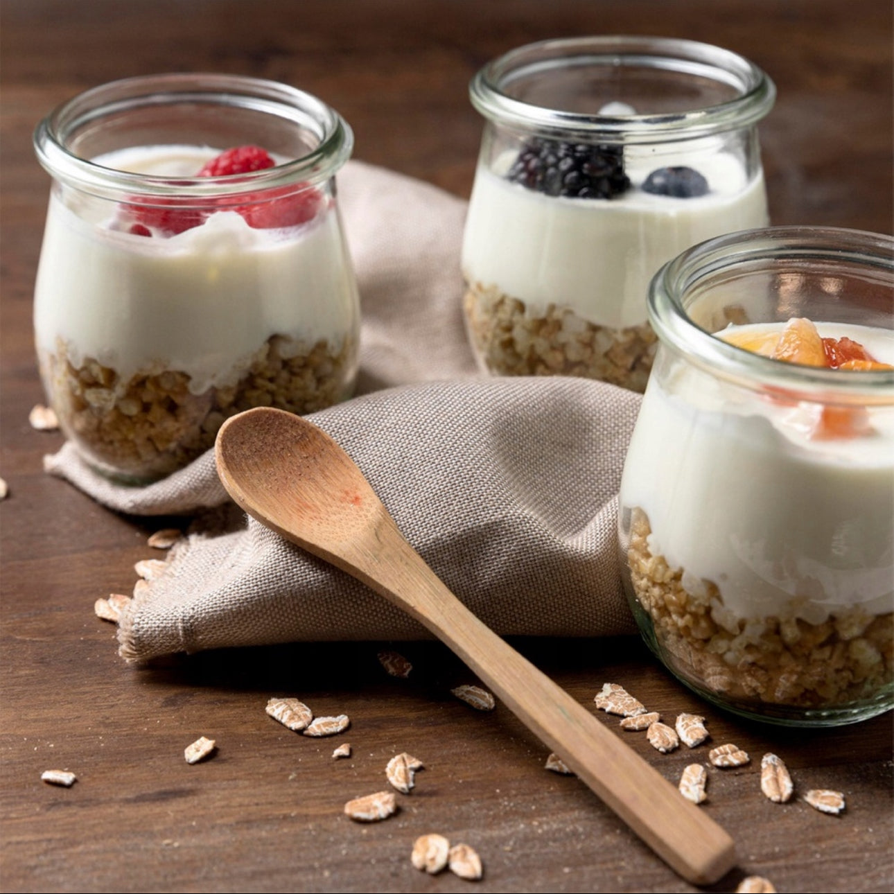 Tre glasskrukker med yoghurt, frukt og korn på trebord ved siden av treskje