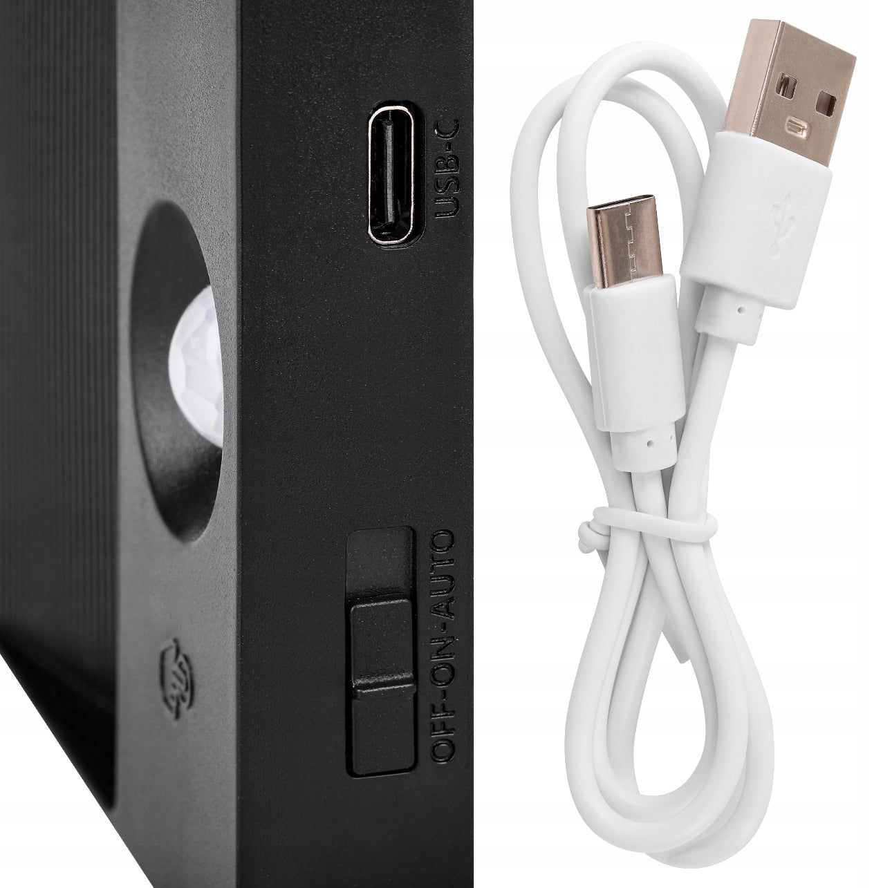 USB-C inngang og bryter med medfølgende ladekabel