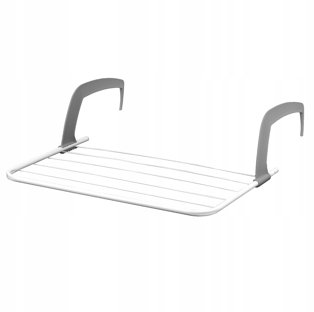 Hengende tørkestativ i hvit pulverlakkert stål med grå plastkroker, størrelse 51 x 36 cm, plassbesparende løsning for tørking av klær, håndklær og undertøy.
