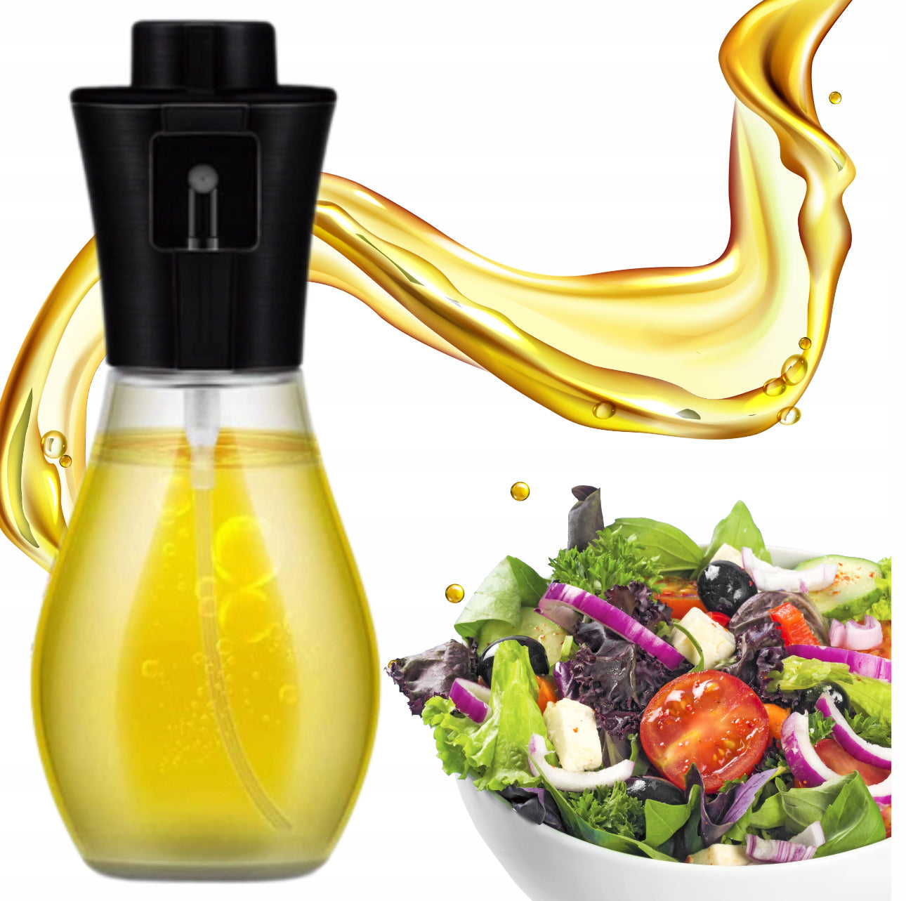 Elegant svart sprayflaske i glass fylt med olje ved frisk salatbolle