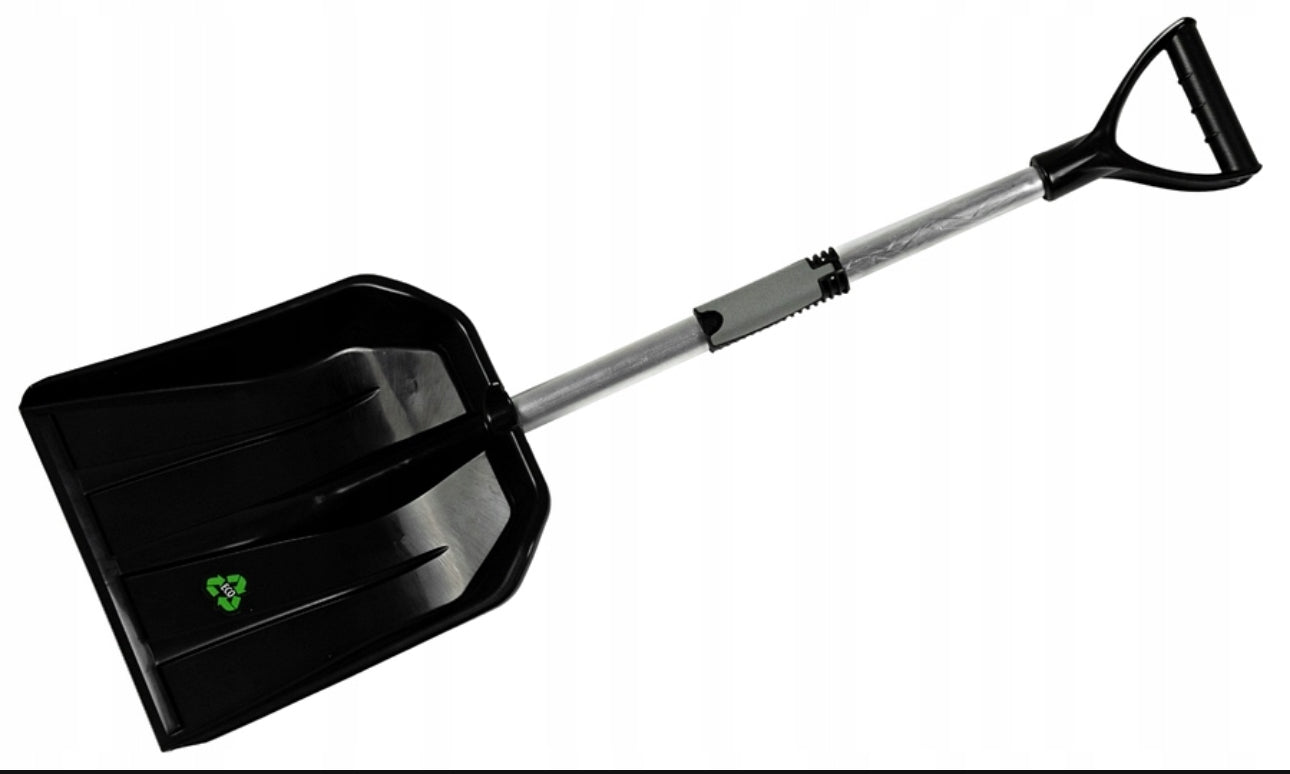 Justerbar teleskopisk snøskuffe, 78-96 cm lengde, robust aluminiumsskaft, slitesterk plastblad i sort farge, ideell for snø, sand og løv – kompakt og lett for bil eller hage.
