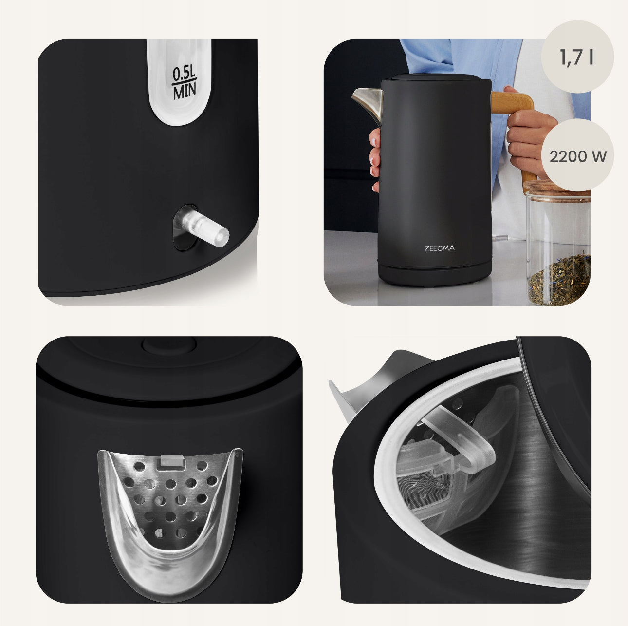 Elektrisk vannkoker 1,7L i mattsvart design med trehåndtak, laget av BPA-fri plast og rustfritt stål, 2200W for rask oppvarming – moderne og stilren.