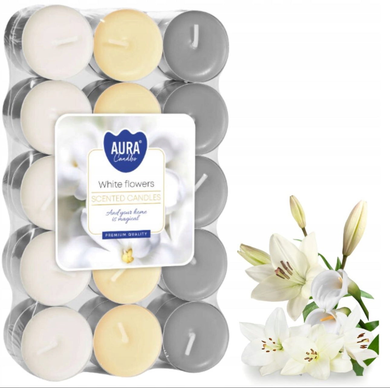 Sett med 90 duftlys i fargene vanilje, jordbær og hvite blomster, laget av parafin med standard størrelse (3,9 cm i diameter, 1,5 cm høyde). Perfekt for dekorasjon, avslapning og aromaterapi.