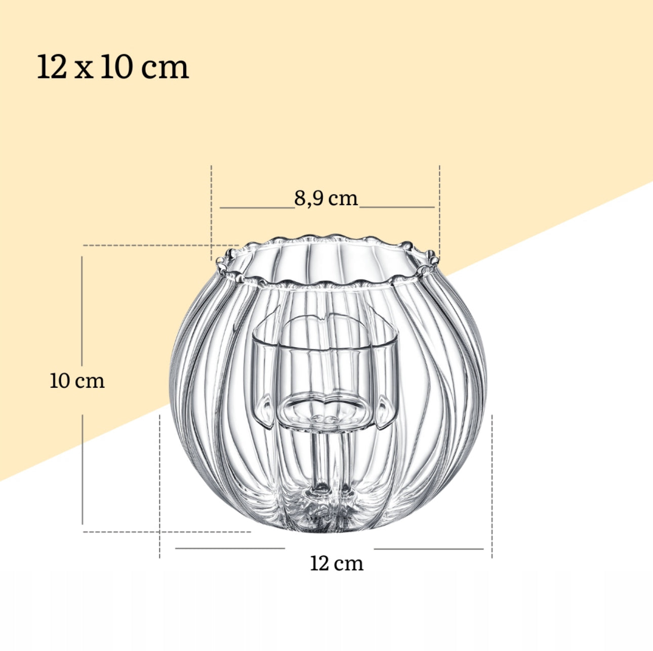 Illustrasjon med mål på riflet glasslykt – 12 cm bred og 10 cm høy