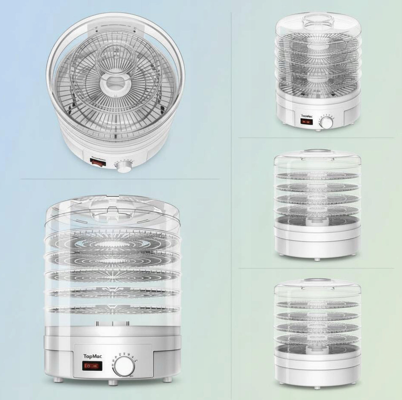 Samling av ulike visninger av hvit matdehydrator med fem gjennomsiktige brett, på blågrønn bakgrunn