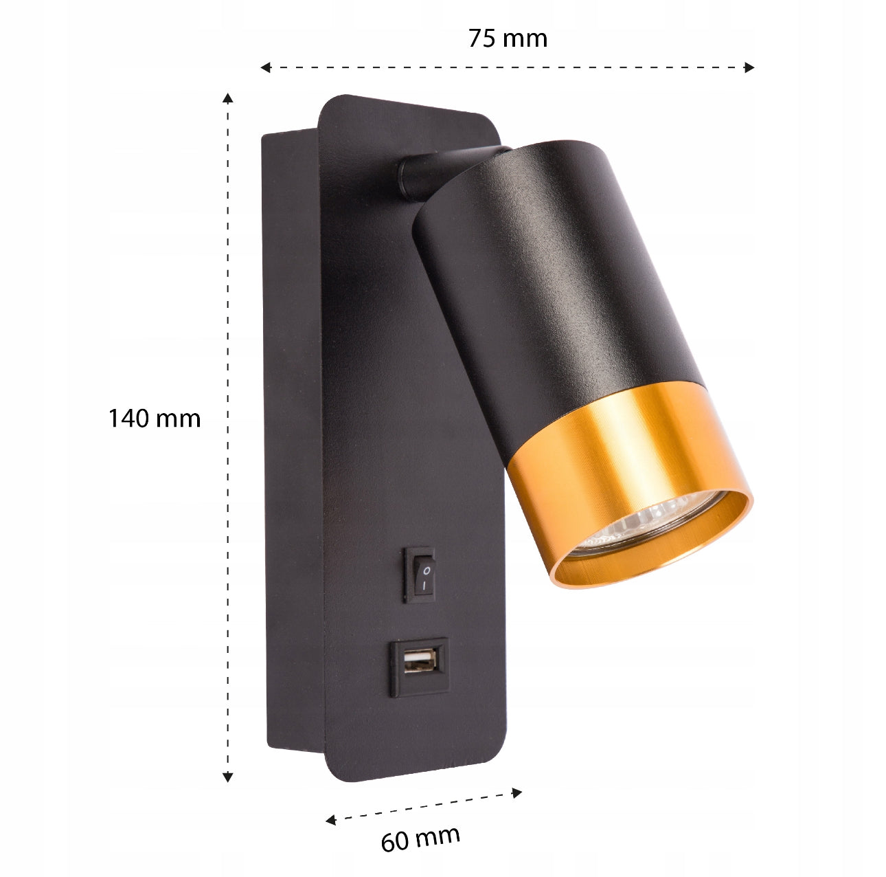 Vegglampe svart metall med gull innsats og USB, mål oppgitt