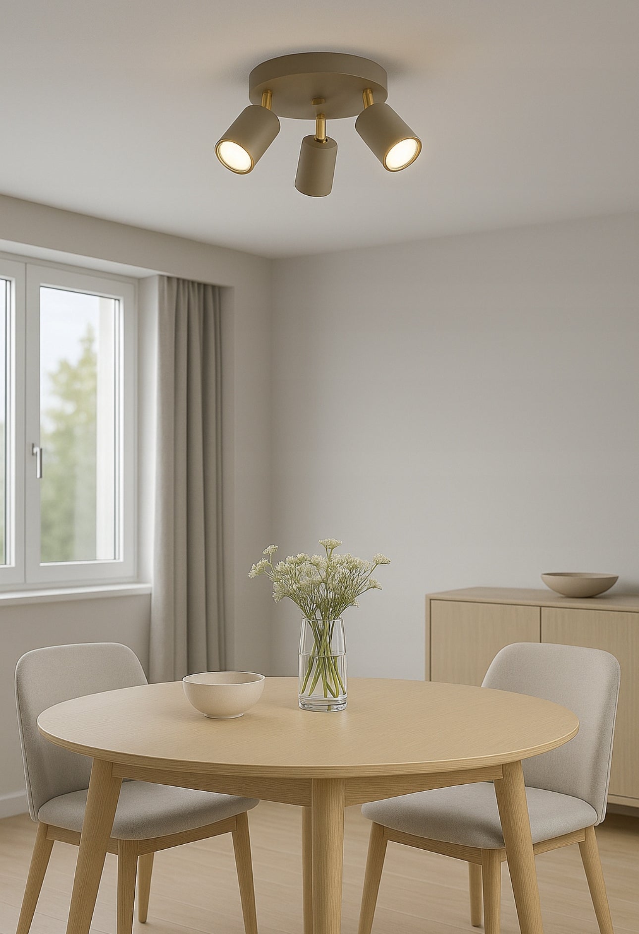 Beige taklampe med spotlights montert i minimalistisk spisestue